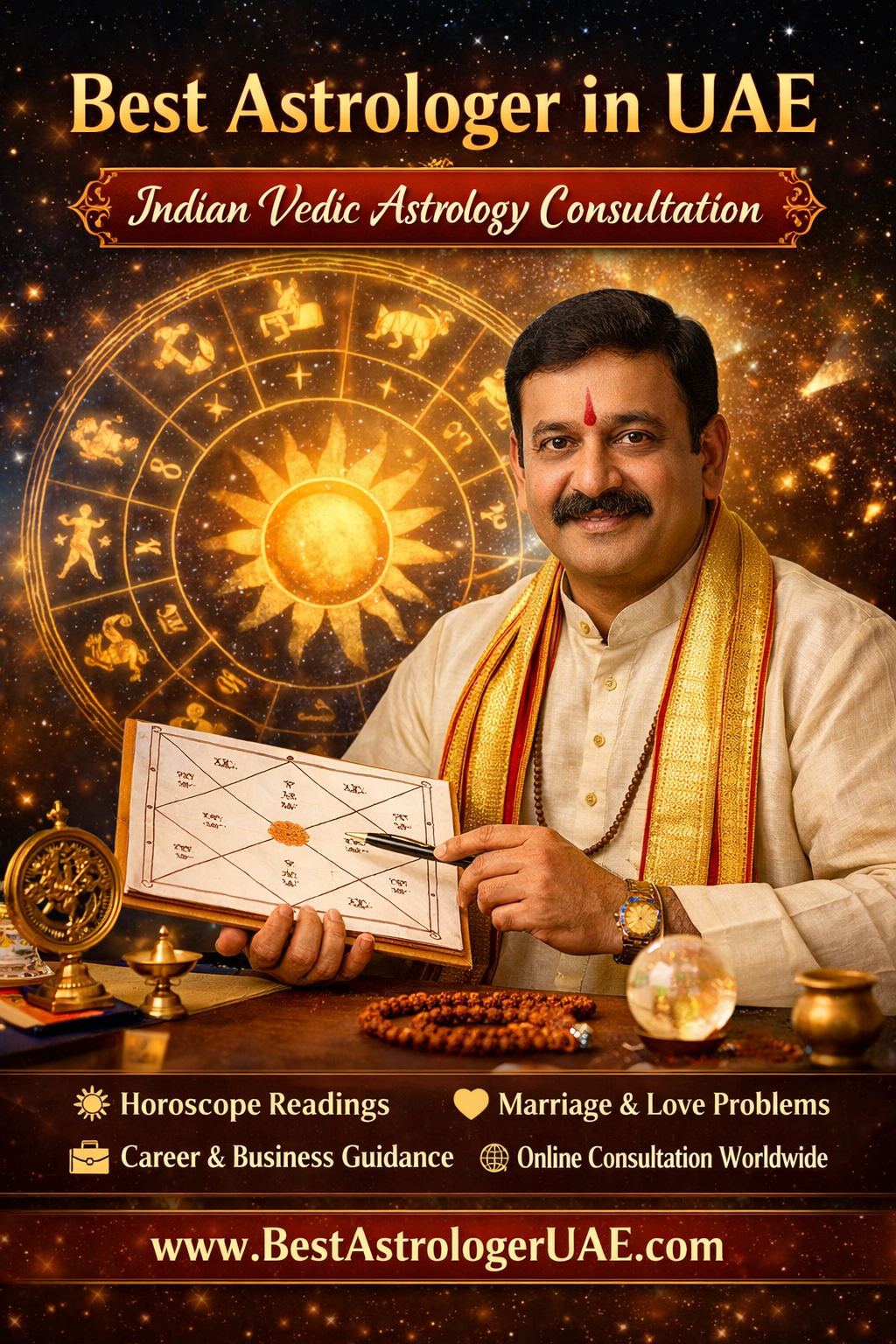 Best Astrologer in UAE – Indian Vedic astrology consultation for horoscope reading, marriage guidance, career and business predictions.