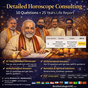 Detailed horoscope consulting UAE with Kerala astrologer panel offering 10 personal questions and 25 years life prediction report bestastrologeruae.com